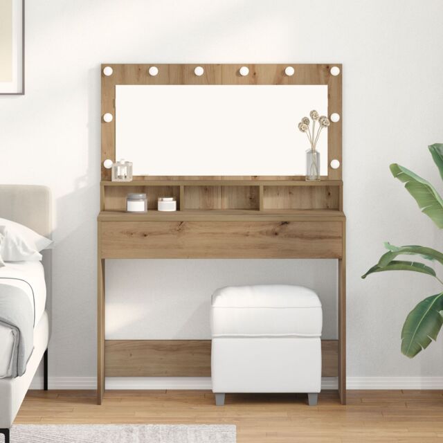 Berkfield Home Makeup Table with LED Lights in Artisan Oak, 100x41x135 cm in Brown - Size: 100 x 41 x 135 cm - image 1