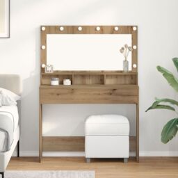 Berkfield Home Makeup Table with LED Lights in Artisan Oak, 100x41x135 cm in Brown - Size: 100 x 41 x 135 cm - thumbnail 1