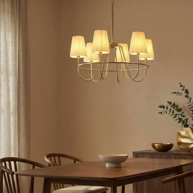 Wyld and Coco Six-Light Gold Pendant Chandelier with Fabric Shades - image 1