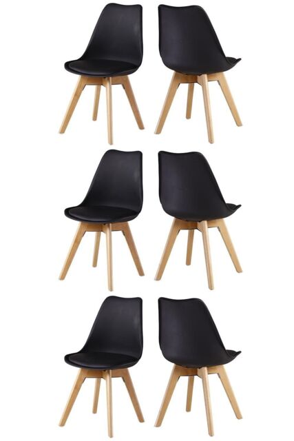 Life Interiors Set of 6 Scandinavian Dining Chairs Leather Cushions Solid Wood Legs in Black - image 1