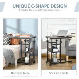 HOMCOM C-Shaped Mobile Sofa Bed Side Table Adjust Height 3-Tier Cart w/ Casters, Brake in Brown - thumbnail 4