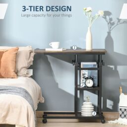 HOMCOM C-Shaped Mobile Sofa Bed Side Table Adjust Height 3-Tier Cart w/ Casters, Brake in Brown - thumbnail 6