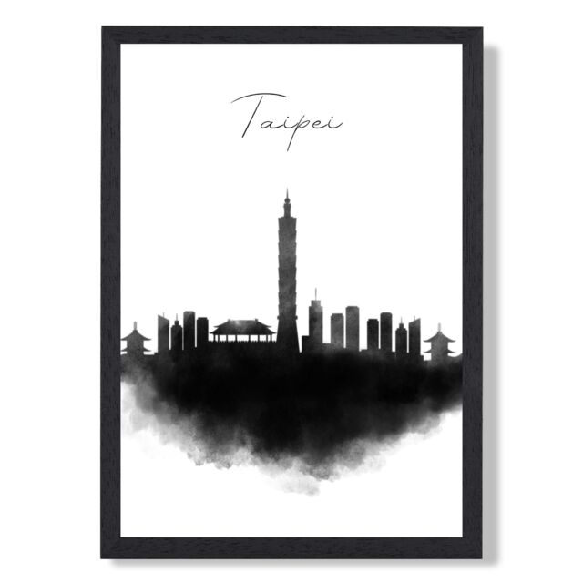 ARTZE Taipei Watercolour Skyline City Framed Print SIZE: A3 with Black Frame - Size: A4 - image 1