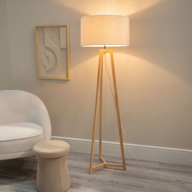 ValueLights Lottie Natural Wood Tripod Floor Lamp with Boucle Drum Shade in Cream - image 1