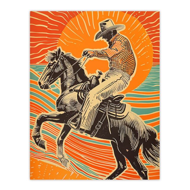 "Artery8 Abstract Cowboy on Horse Sunset Western America Wall Art Print in Orange - Size: W24"" x H32""" - image 1