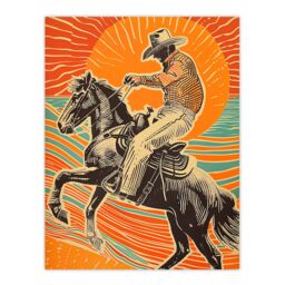 "Artery8 Abstract Cowboy on Horse Sunset Western America Wall Art Print in Orange - Size: W24"" x H32""" - thumbnail 1
