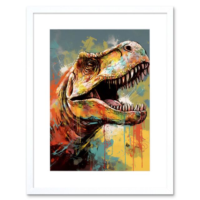 "Artery8 Wall Art Print T-Rex Roaring Dinosaur Multicoloured Portrait Artwork Framed 9X7 Inch in White - Size: W7"" x H9""" - image 1