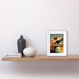 "Artery8 Wall Art Print T-Rex Roaring Dinosaur Multicoloured Portrait Artwork Framed 9X7 Inch in White - Size: W7"" x H9""" - thumbnail 2