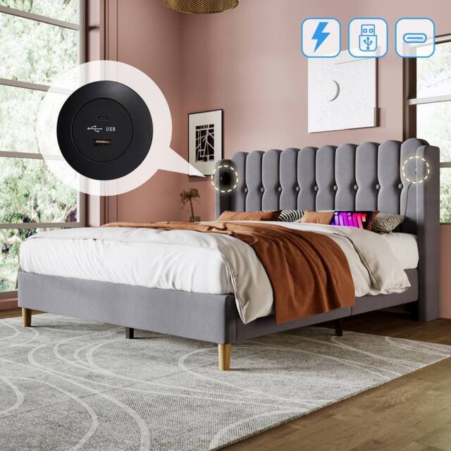 ModernLuxe Upholstered bed with USB-C & wooden slatted frame in Grey - Size: Double - image 1
