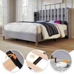 ModernLuxe Upholstered bed with USB-C & wooden slatted frame in Grey - Size: Double - thumbnail 4