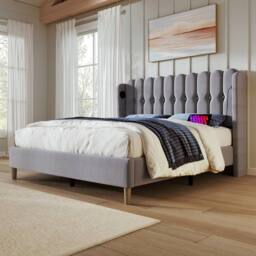 ModernLuxe Upholstered bed with USB-C & wooden slatted frame in Grey - Size: Double - thumbnail 3