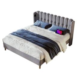 ModernLuxe Upholstered bed with USB-C & wooden slatted frame in Grey - Size: Double - thumbnail 8
