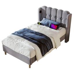 ModernLuxe Upholstered bed with USB-C & wooden slatted frame in Grey - Size: Double - thumbnail 7