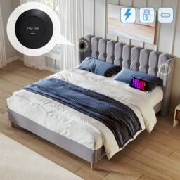 ModernLuxe Upholstered bed with USB-C & wooden slatted frame in Grey - Size: Double - thumbnail 9