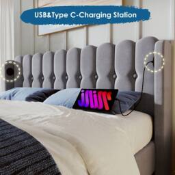 ModernLuxe Upholstered bed with USB-C & wooden slatted frame in Grey - Size: Double - thumbnail 6