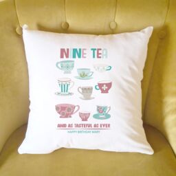 Afewhometruths Personalised 90th Birthday Gift Cushion for Tea Lover in White - Size: 40 cm x 40 cm - thumbnail 1