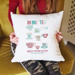 Afewhometruths Personalised 90th Birthday Gift Cushion for Tea Lover in White - Size: 40 cm x 40 cm - thumbnail 3