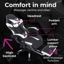 Neo Foot Turbo Massage Leather Recliner PC Gaming Chair with Footrest in White - thumbnail 3