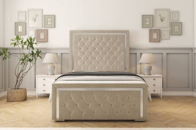 "Sloomy Sofia Chrome Plush Frame-Mattress - 50"" Upholstered Headboard in Cream - Size: King" - image 1