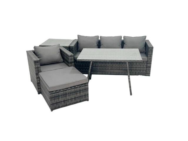 Fimous Rattan Dining Table Sofa Set with Side Table Big Footstool Outdoor in Dark Grey - image 1