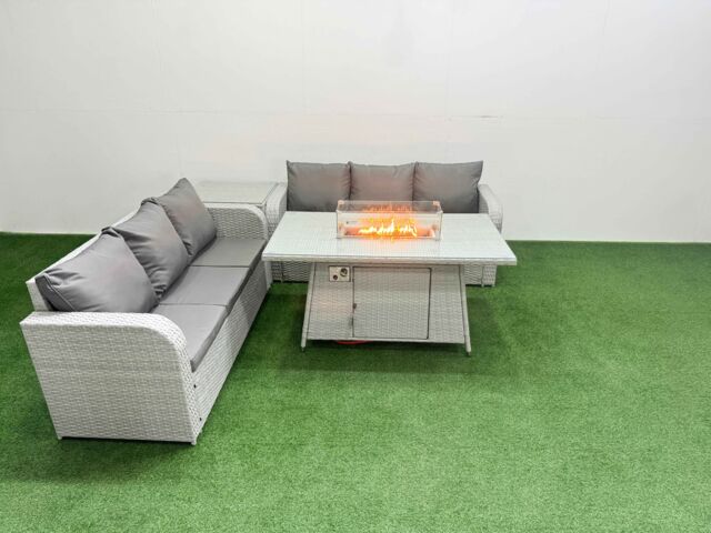Fimous Outdoor Garden Furniture Sets 6 Seater Wicker Rattan Furniture Sofa Sets with Firepit Dining Table high Back Lounge Sofa Side Table Light Grey - image 1