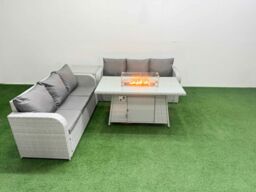 Fimous Outdoor Garden Furniture Sets 6 Seater Wicker Rattan Furniture Sofa Sets with Firepit Dining Table high Back Lounge Sofa Side Table Light Grey - thumbnail 1