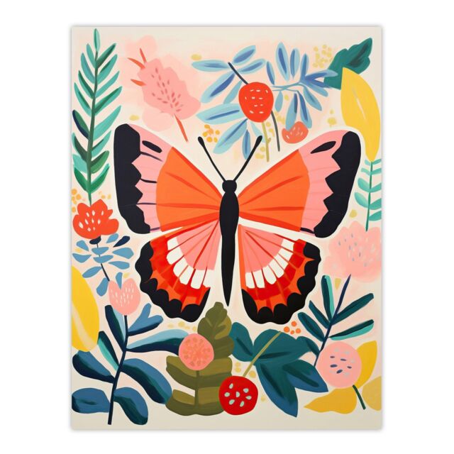 "Wee Blue Coo Wall Art Print Butterfly Henri Matisse Style Bright Painting Leaves Fronds & Floral Blooms Spring Poster in Pink - Size: W18"" x H24""" - image 1