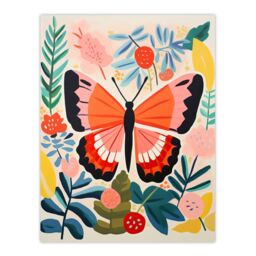 "Wee Blue Coo Wall Art Print Butterfly Henri Matisse Style Bright Painting Leaves Fronds & Floral Blooms Spring Poster in Pink - Size: W18"" x H24""" - thumbnail 1