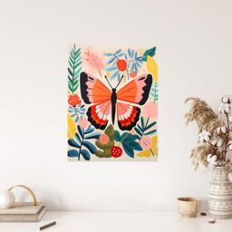 "Wee Blue Coo Wall Art Print Butterfly Henri Matisse Style Bright Painting Leaves Fronds & Floral Blooms Spring Poster in Pink - Size: W18"" x H24""" - thumbnail 4