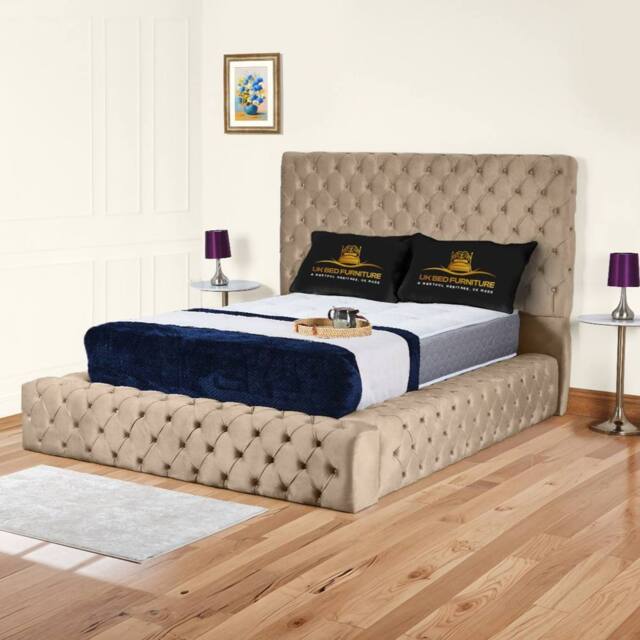 UK Bed Furniture Ambassador Upholstered Bed Frame with 54-inch Headboard - Slatted Base in Beige - Size: King - image 1
