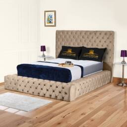 UK Bed Furniture Ambassador Upholstered Bed Frame with 54-inch Headboard - Slatted Base in Beige - Size: King