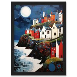Artery8 Wall Art Print Seaside Village Houses on Cliff Folk Art Oil Painting Bathroom Artwork Full Moon Night Waves Coastal Landscape Artwork Framed - thumbnail 1