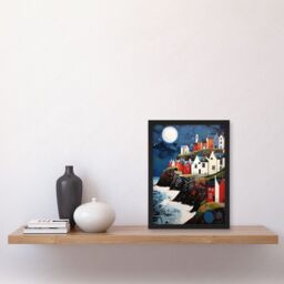 Artery8 Wall Art Print Seaside Village Houses on Cliff Folk Art Oil Painting Bathroom Artwork Full Moon Night Waves Coastal Landscape Artwork Framed - thumbnail 2