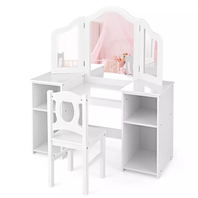 Costway 2-in-1 Kids Vanity Table & Chair Set Makeup Table Dressing Table Desk in White - image 1