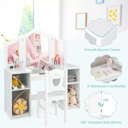 Costway 2-in-1 Kids Vanity Table & Chair Set Makeup Table Dressing Table Desk in White - thumbnail 4