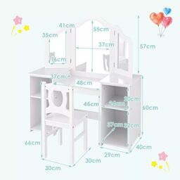 Costway 2-in-1 Kids Vanity Table & Chair Set Makeup Table Dressing Table Desk in White - thumbnail 2