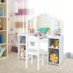 Costway 2-in-1 Kids Vanity Table & Chair Set Makeup Table Dressing Table Desk in White - thumbnail 3