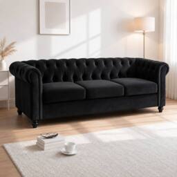 Sofaya Hampton 3 Seater Chesterfield Sofa Velvet Soft Cushion Couch in Black - thumbnail 1