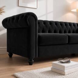 Sofaya Hampton 3 Seater Chesterfield Sofa Velvet Soft Cushion Couch in Black - thumbnail 4