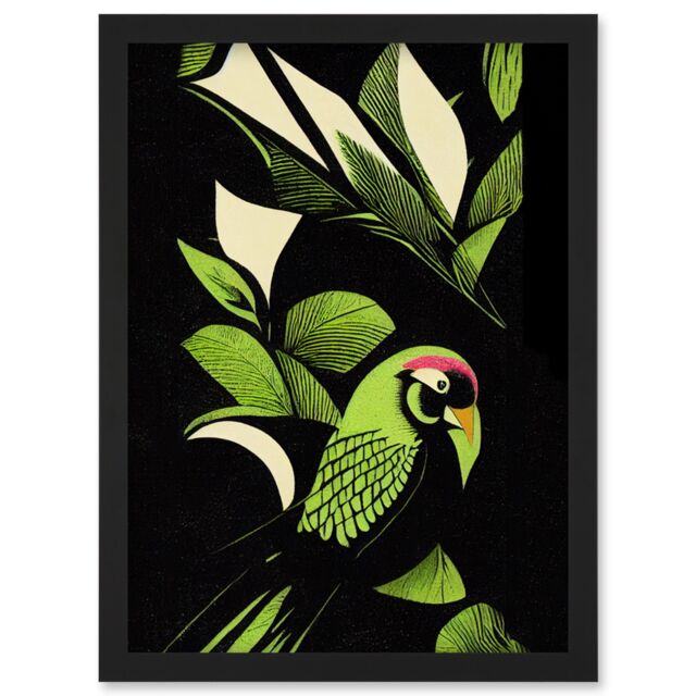 Artery8 Vibrant Bright Lime Green Black Cream Jungle Leaf Pattern with Bird Modern Vintage Linocut Illustration Artwork Framed Wall Art Print A4 - image 1