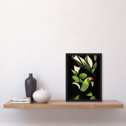 Artery8 Vibrant Bright Lime Green Black Cream Jungle Leaf Pattern with Bird Modern Vintage Linocut Illustration Artwork Framed Wall Art Print A4 - thumbnail 2