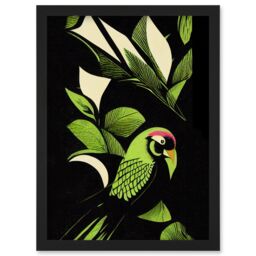 Artery8 Vibrant Bright Lime Green Black Cream Jungle Leaf Pattern with Bird Modern Vintage Linocut Illustration Artwork Framed Wall Art Print A4 - thumbnail 1