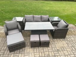 Fimous Outdoor Rattan Furniture Sofa Garden Dining Sets Adjustable Rising lifting Table & Chair Set With 3 Footstools in Dark Grey - thumbnail 2