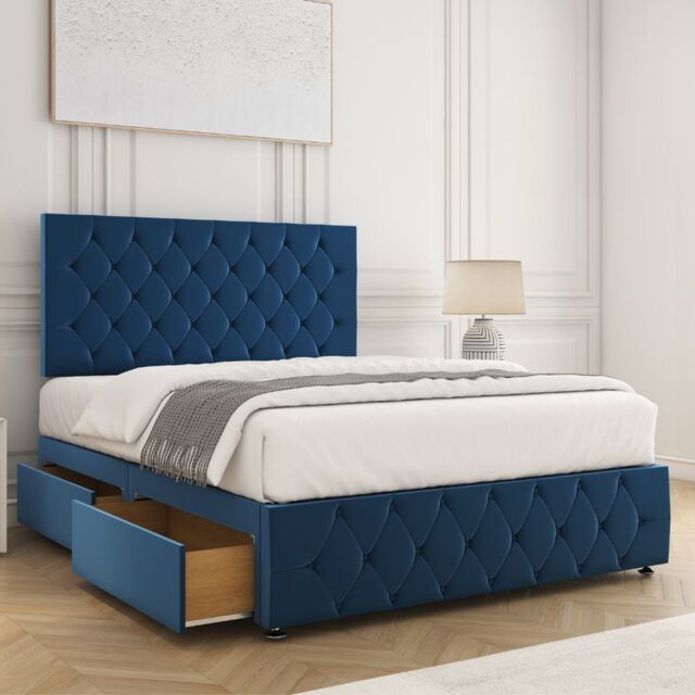 "BSSPOKE Mulberry Divan Bed Set Plush 24""Headboard 2Drawers Footend & Mattress in Blue - Size: Super King" - image 1