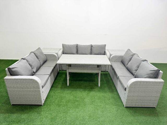 Fimous PE Rattan Lounge Sofa Set 9 Seater Outdoor Garden Furniture Set with Rectangular Dining Table 3 Seater Sofa 2 Side Table Light Grey - image 1