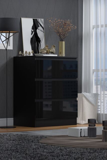 FWStyle Men's Stora 3 Drawer Black Gloss Chest Of Drawers (H) 77 (W) 60 (D) 40cm