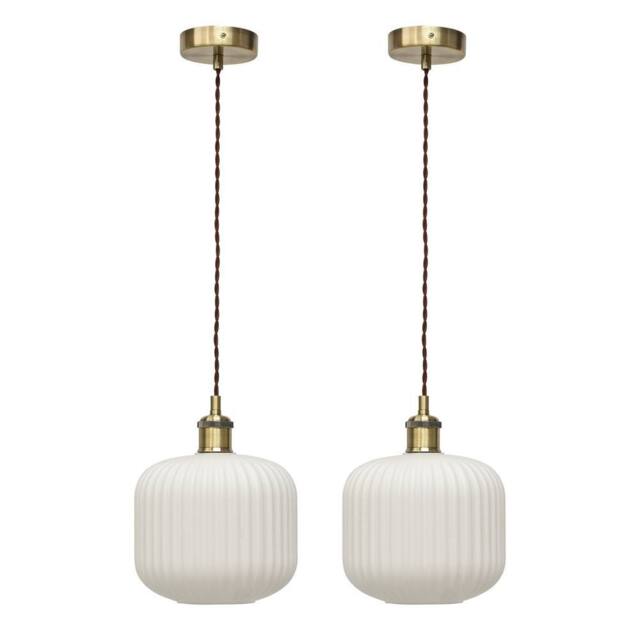 First Choice Lighting Set of 2 Bento - White Ribbed Glass Antique Brass Retro Pendants - image 1