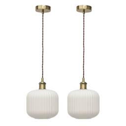 First Choice Lighting Set of 2 Bento - White Ribbed Glass Antique Brass Retro Pendants - thumbnail 1
