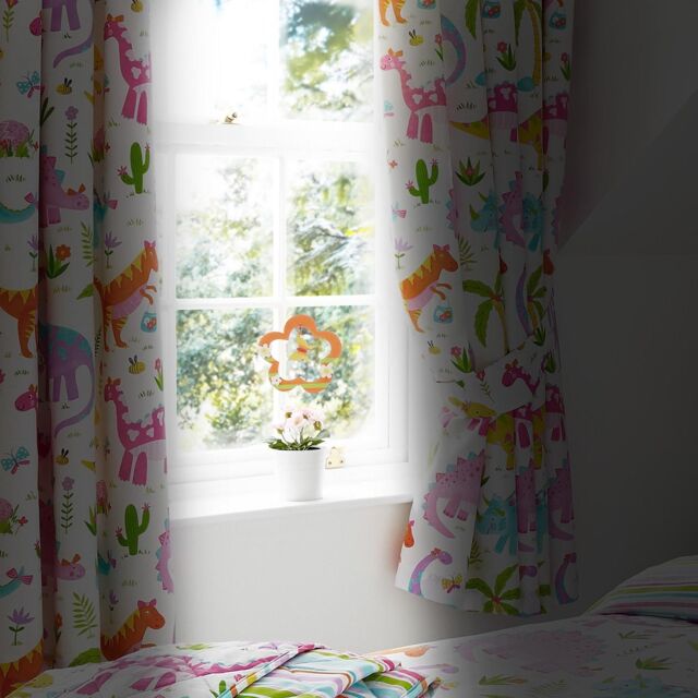 Happy Linen Company Daisy Dino Fully Lined Thermal Blackout Pencil Pleat Curtain Set in White - Size: 167 cm width x 137 cm drop - image 1
