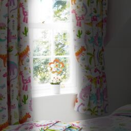 Happy Linen Company Daisy Dino Fully Lined Thermal Blackout Pencil Pleat Curtain Set in White - Size: 167 cm width x 137 cm drop